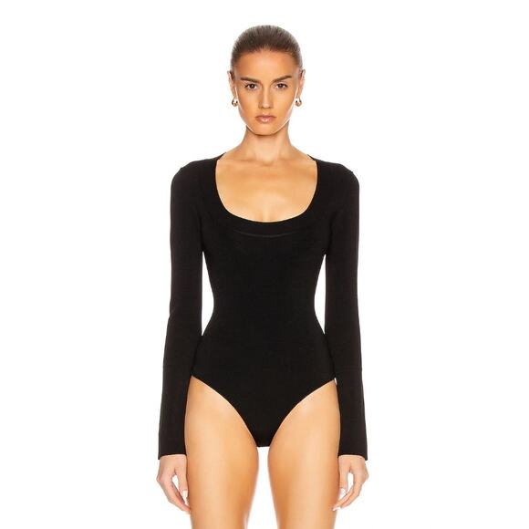 KHAITE Clover Scoop Neck Long Sleeve Slimming Bodysuit Quiet Luxury Black Sz M